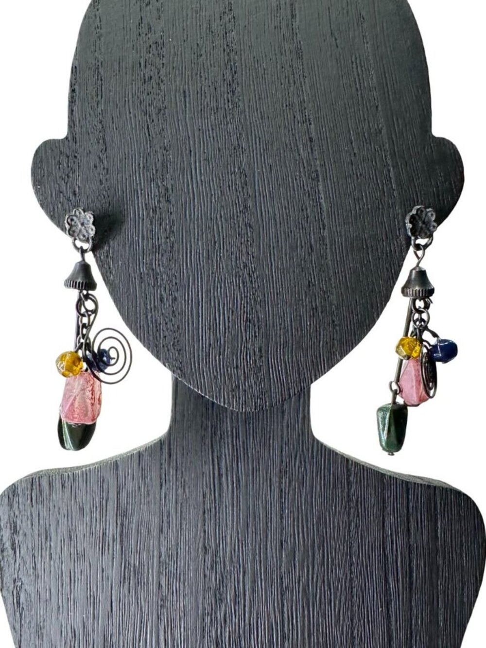 Vintage Dangle Earrings Natural Stone Multicolor Beads Spiral Charm Womens - Picture 3 of 8
